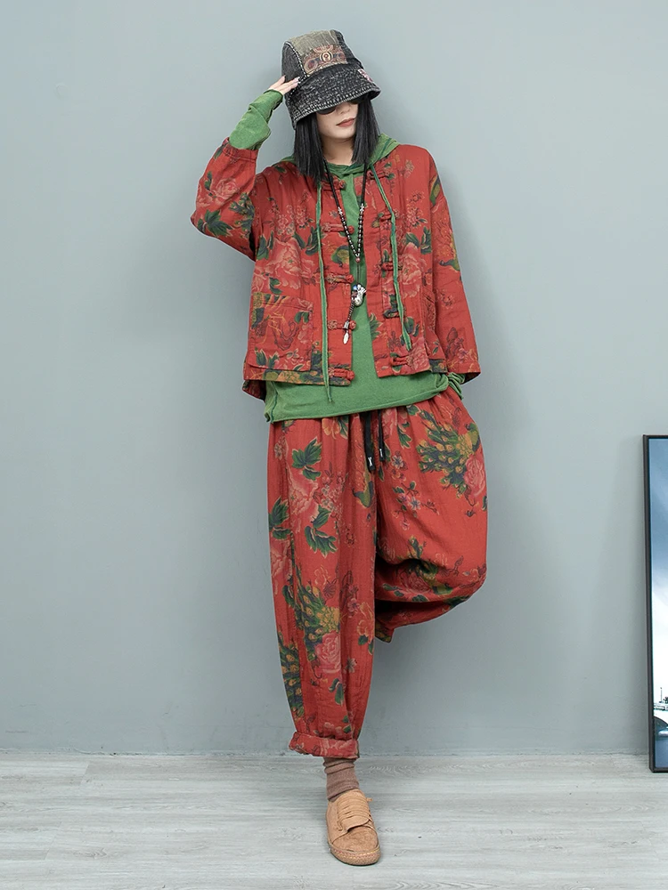 Vintage Chinese Style Distressed Printed Buttoned Cardigan Long-sleeved Jacket Baggy Trousers Two-piece Set Women's Autumn Suit