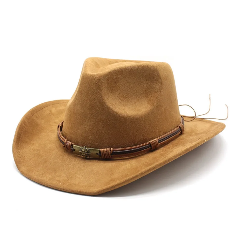 Vintage Artificial Suede Cowboy Hats Solid Color Breathable Cowgirl Cap Big-edge Jazz Knight Hats Unisex