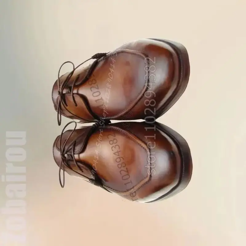 

Brown Sewing Design Square Toe Men Derby Shoes Fashion Lace Up Men Shoes Luxurious Handmade Party Banquet Office Men Dress Shoes