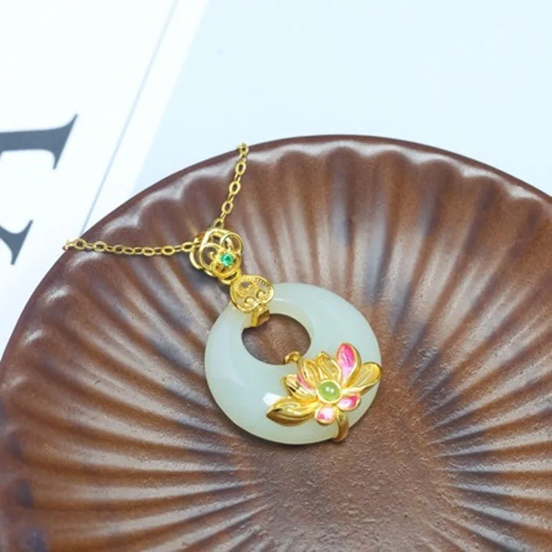 Ancient Style 925 Silver Gilded Pendant Hetian , Princess Clasp Inlaid With Green Jade