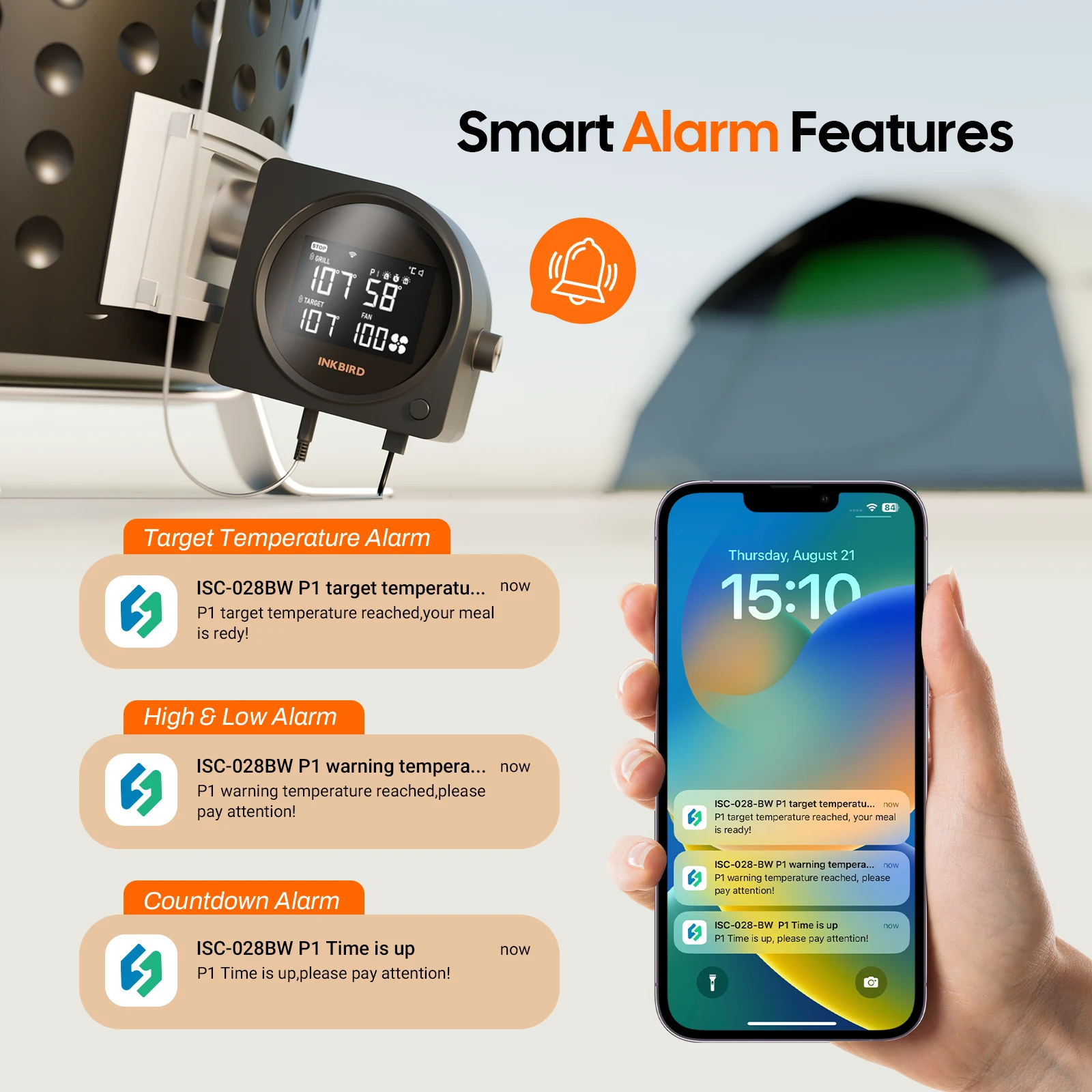 INKBIRD ISC-028BW وحدة تحكم في درجة حرارة الشواية اللاسلكية مع 5 مجسات، ومروحة مدخنة أوتوماتيكية، وأجهزة إنذار لدرجة الحرارة العالية والمنخفضة