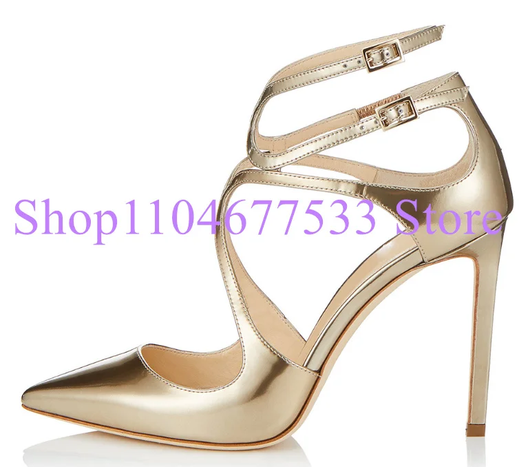 

Gold Color Cross Strap Lady Pumps Shoes Fashion Pointed Toe Thin Heel Woman High Heels Shoes Large Size Dress Sandals