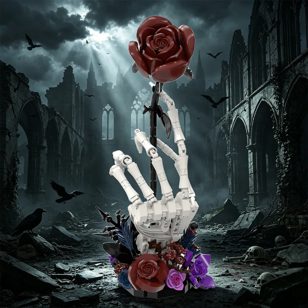 Gobricks MOC Gothic Red Night Rose Building Blocks Model Horror Purple Butterfly Skull Red Rose Bricks Assemble Toys Kids Gifts