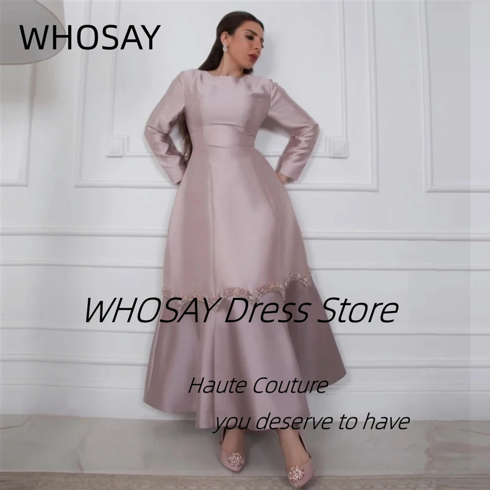 

WHOSAY Saudi Arabia Prom Dresses O-Neck Long Sleeves Evening Gowns Beaded Satin Ankle Length Special Occasion Dress Customized