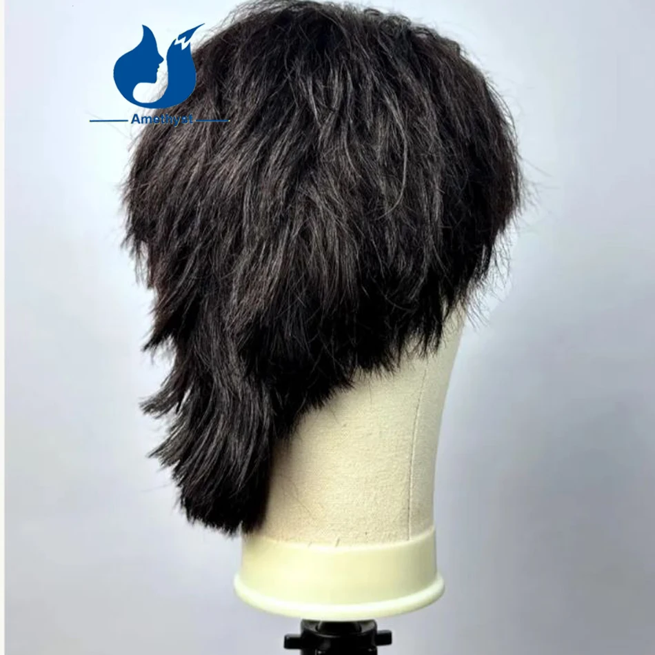 

Amethyst Real Natural Black Men's Wig with Bangs Human Hair Bob Style Short Club Cut Brazilian Full Machine Scalp Top Wavy Wig