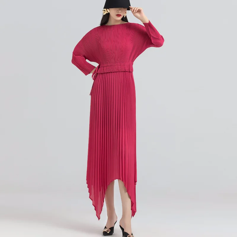 여자 드레스 Miyake Pleated 패션 하이 스트리트 솔리드 느슨한 대형 슬래시 목 여름 Batwing 슬리브 Mid-Calf Dresses Tdie