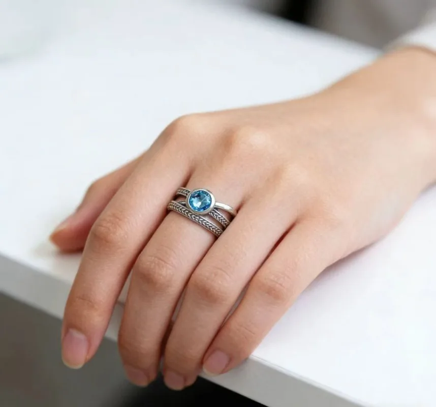 New Vintage Filigree Ring with Topaz & Zircon Inlay