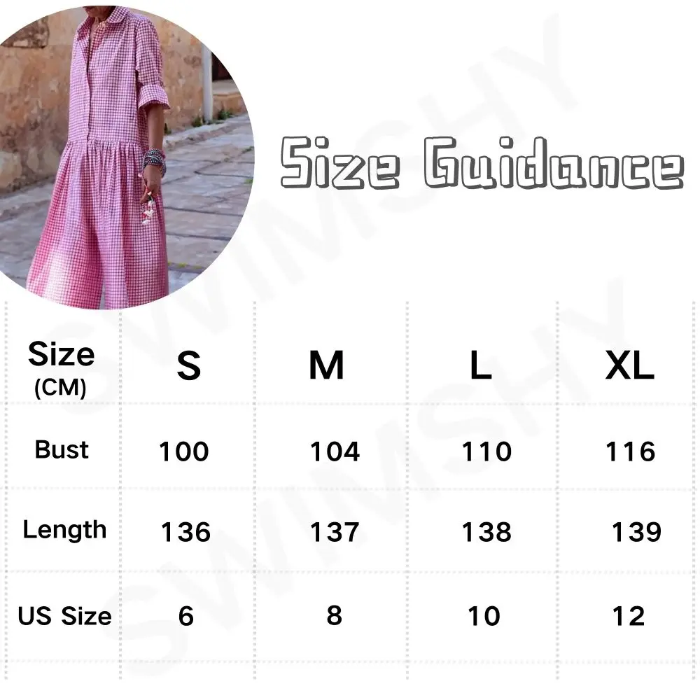 2024 Women's Jumpsuit Spring/Summer Clothing Full Body Loose Fit Long Sleeve Jumpsuit Plaid Elegant Dress Casual Pants