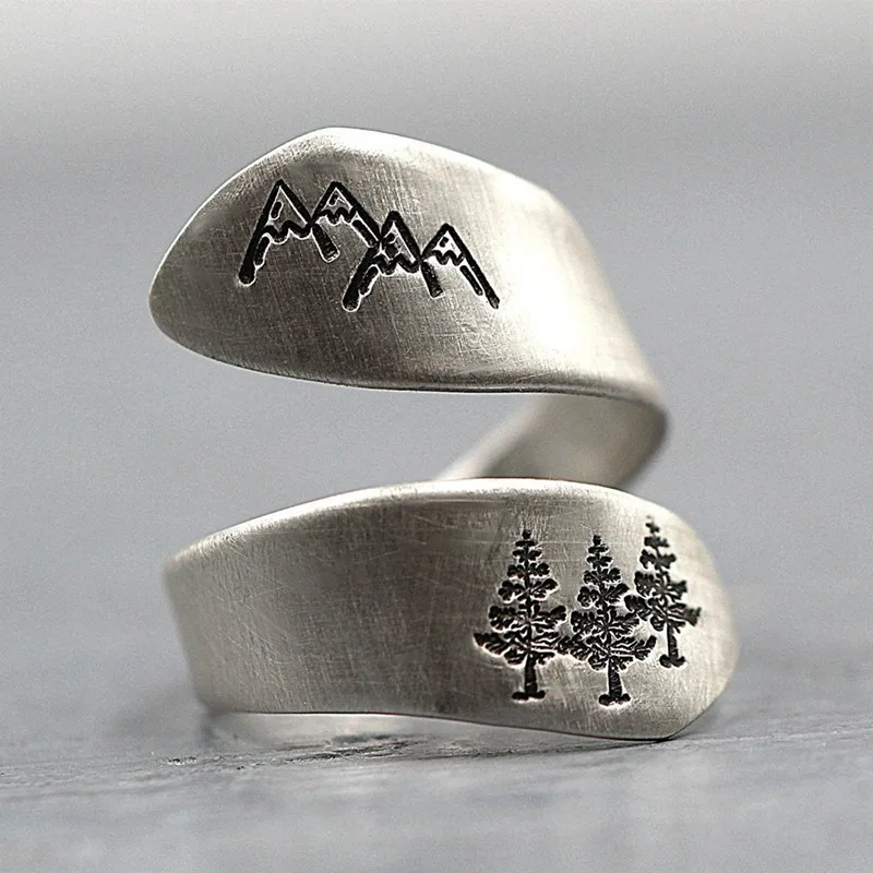 New Simple Trendy Women\'s Ring Green Tree Forest Mountain Brushed Wedding Ring Women\'s Party Jewelry Creative Open RingWholesale