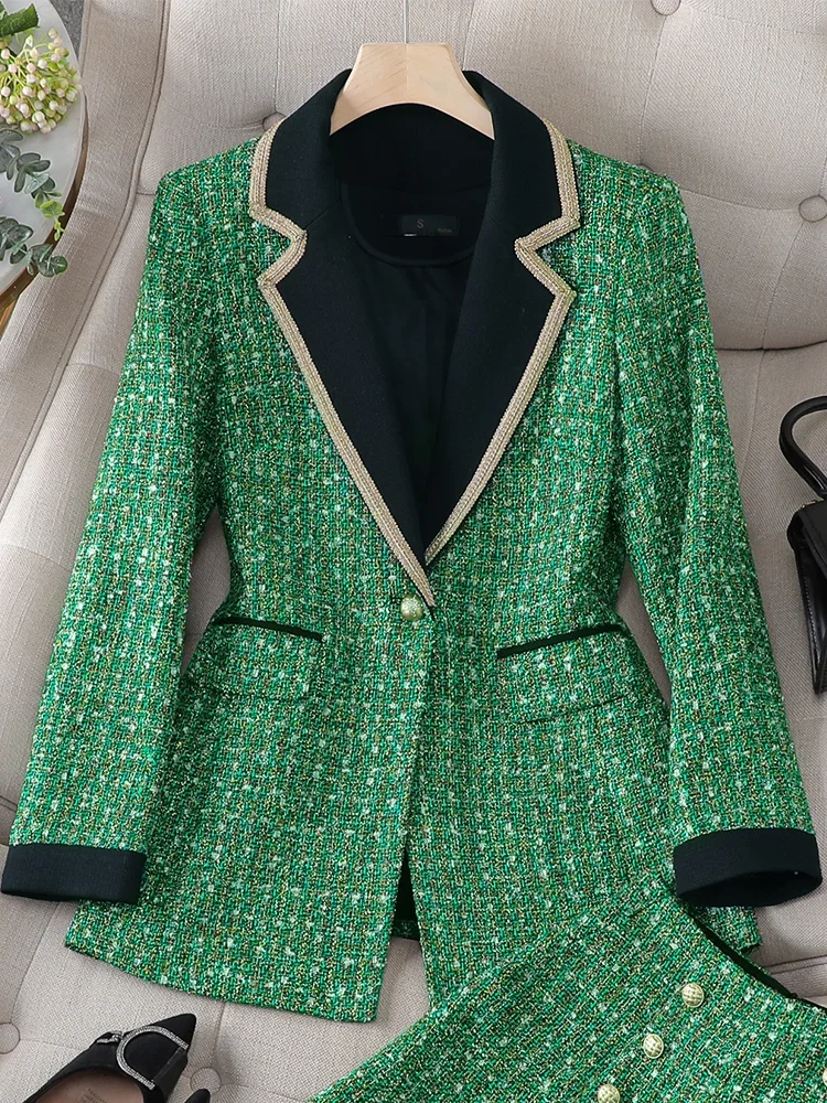 

Fashion Women Casual Blazer Ladies Female Long Sleeve Black Green Plaid Single Button Straight Jacket Coat REFF-2023