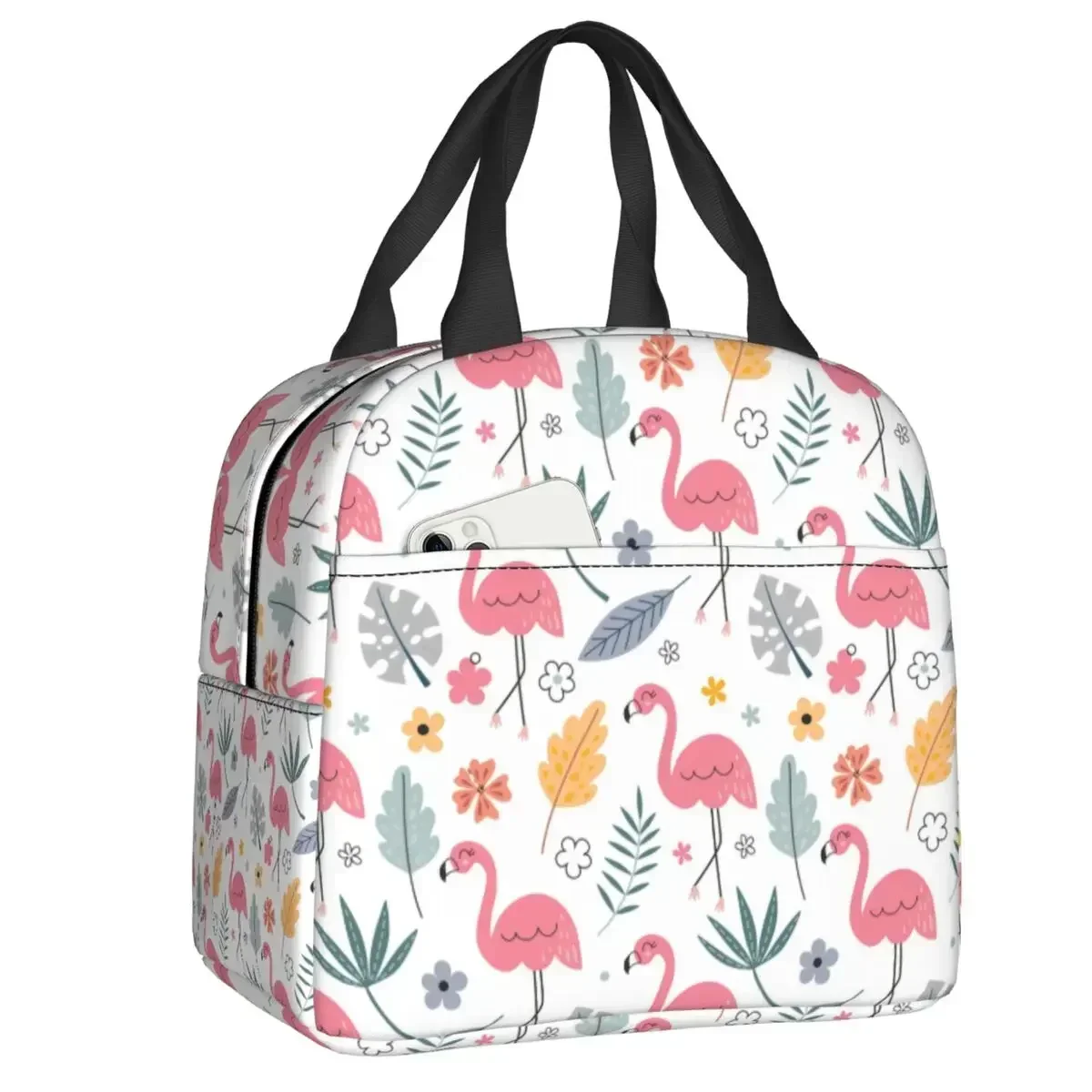 Seamless Pattern With Flamingo Insulated Lunch Bag for Work  and flowers Leakproof Food Thermal Cooler Lunch Box Women