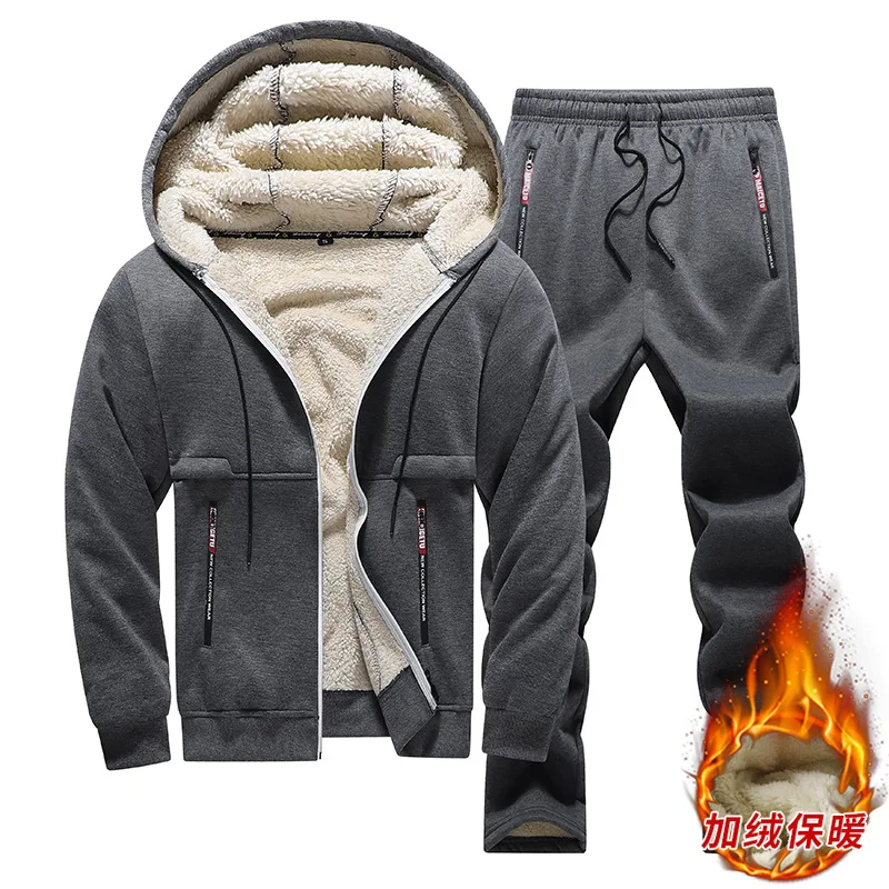 Lamb Velvet Hoodie Set Men's Winter Casual Plush Thickened Warm Sports Jacket+Trousers Sports Windproof Cold Weather Two-Piece