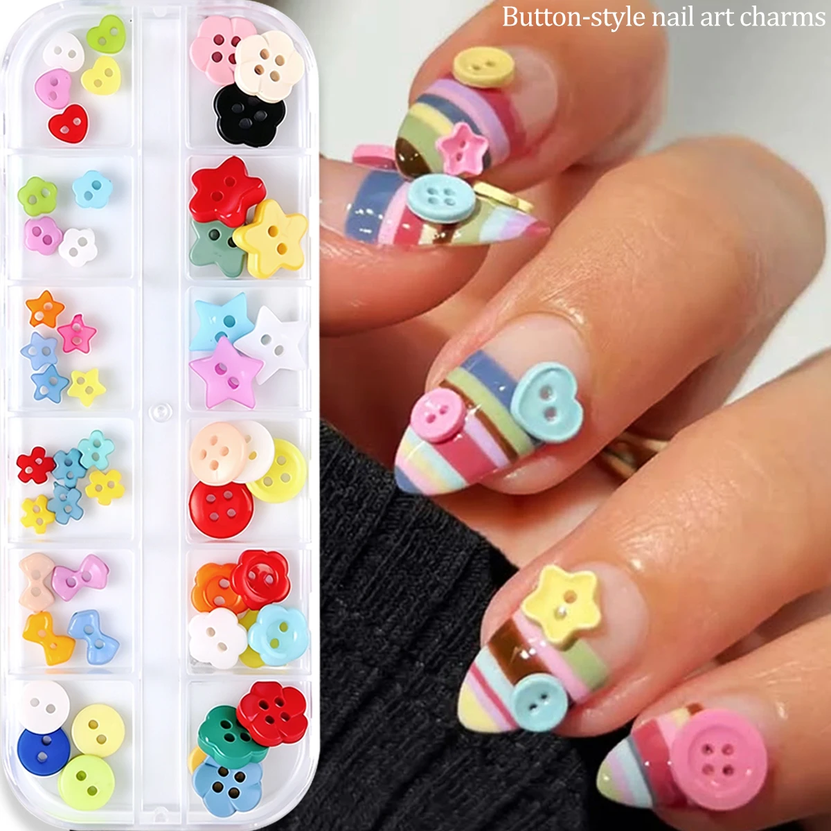 Niedliche Mini-Knopf-Nagelcharms in verschiedenen Farben, Stern-, Blumen-, Schleifen- und runde Harz-Nageldekorationen, 3D Kawaii kleine Knöpfe Nagelkunst-Ornamente – Detail 1