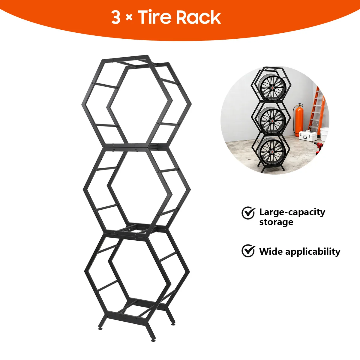 

Стеллаж для демонстрации автомобильных колесных дисков, 3-ярусный, 24 дюйма, органайзер для шин, 3-хуровневая стойка для хранения шин, шестиугольный стеллаж для шин