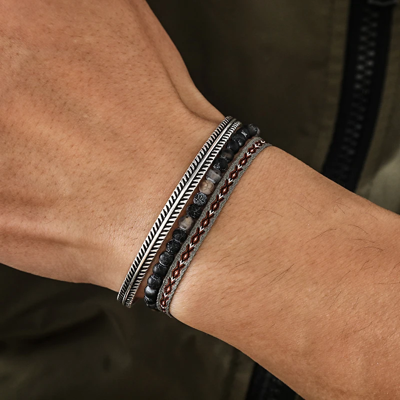 2026 New Natural Stone Beaded Bracelets Set For Men Tibetan 925 Plated Silver C-Bangle Father's Day Good Gift Decoration Jewelry