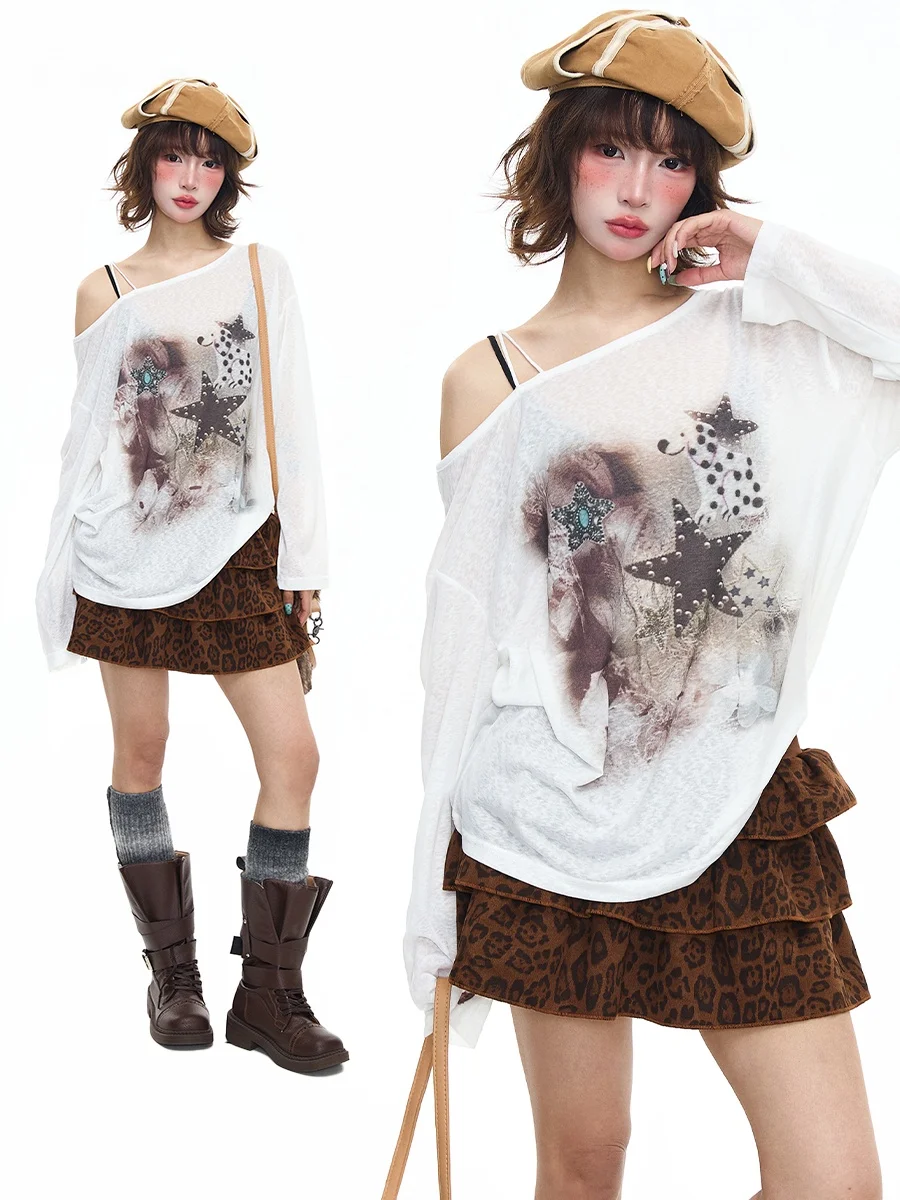 

Sanowers American Sle Star Print Asymmetrical oulder Long Sve Loose Women's T-irt Spring Autumn Lazy Sle Sun Prote...