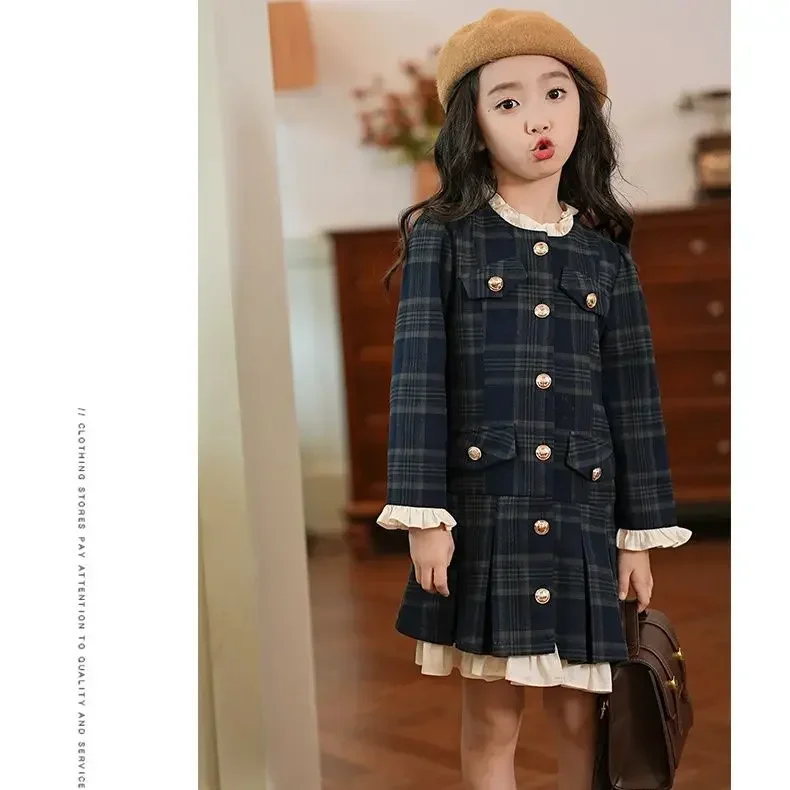 Autumn Winter 2-9 French Lotus leaf lace baby girls plaid dress Design Feeling Pleated Outer princess dresses kids clothes ropa