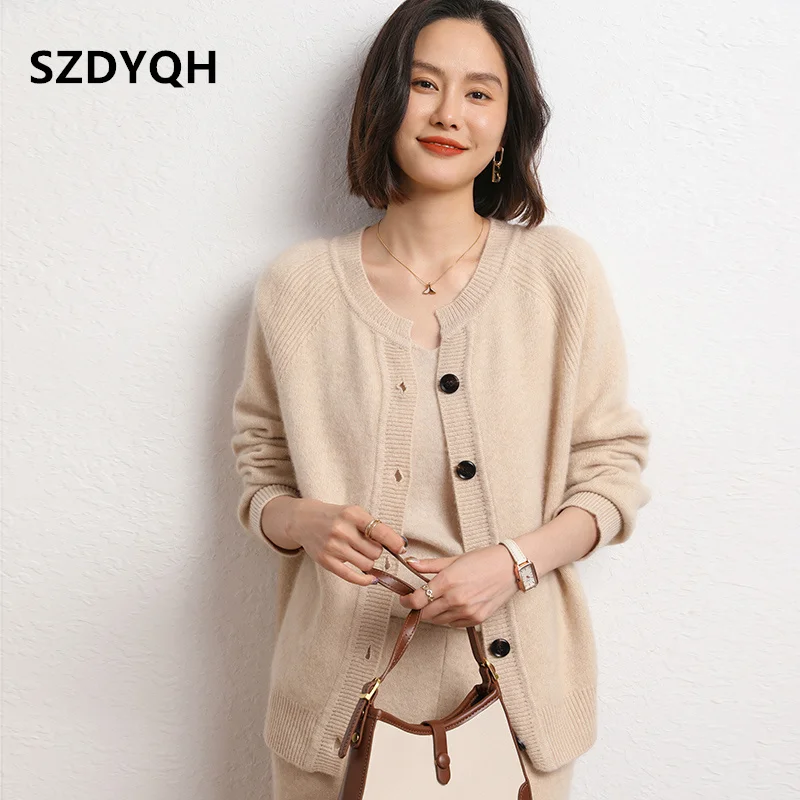 2023 Hot Sales Autumn Women\'s Cardigan 100% Cashmere Knitted Sweater  Tops Coat Casual O-Neck Loose Large Size Shirt Spring