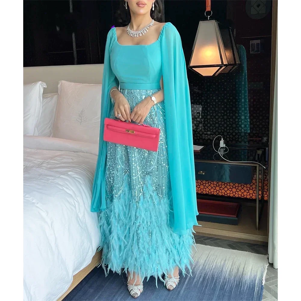 Peacock Blue Women Evening Dresses Handmade Sequine Feathers Dubai Arab Formal Party Prom Dress With Cape Sleeve فساتين الحفلات