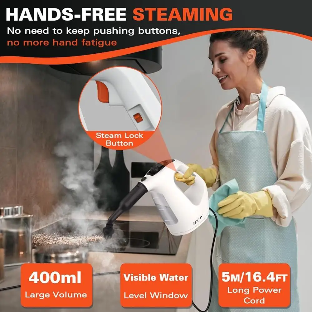 Handheld Steam Cleaner 400ml Continuous Steam Lock Pressurized Multi Surface Steamer Multi Purpose Home Kitchen Car Cleaning