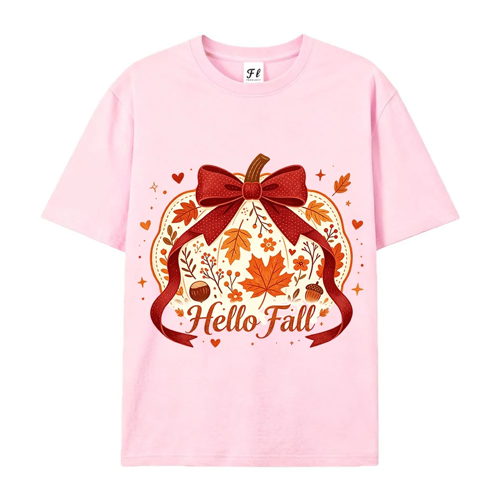 Women T Shirt Hello Fall Pumpkin Maple Leaf Graphic Print Cute Ribbon Aesthetic Cotton Short Sleeve Autumn Casual Top