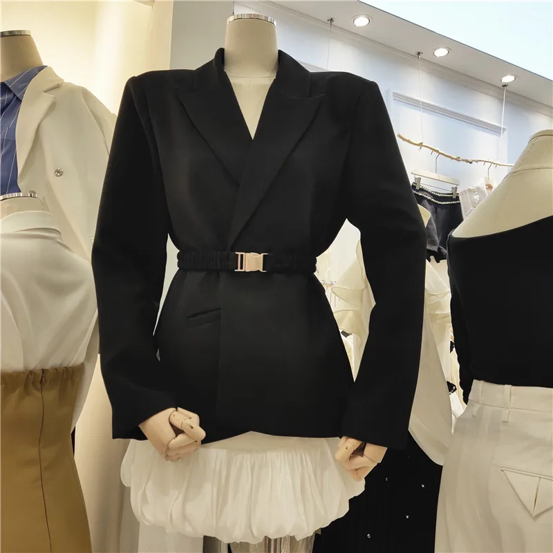 Spring Fashion Slimming Design Suit Jacket with Belt Side Slit And Buckle Pure Color Commute Style Long Sleeve Regular Fit