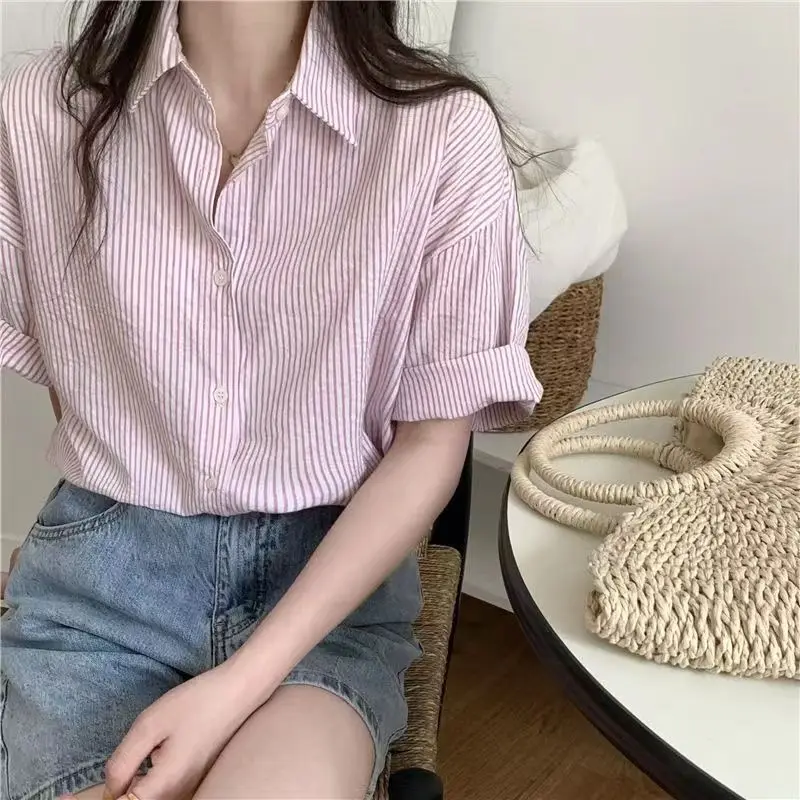 Rimocy Korean Blue Stripe Short Sleeve Shirt Women Summer Turn Down Collar Chic Blouse Woman Office Loose Button Up Shirts Mujer