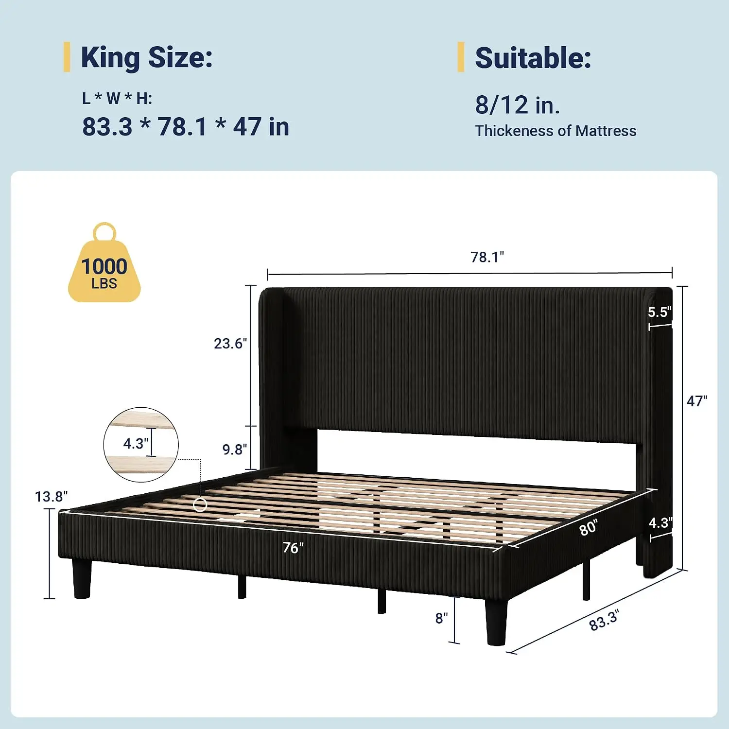 Corduroy Wingback Platform Bed King Size Black, Customized