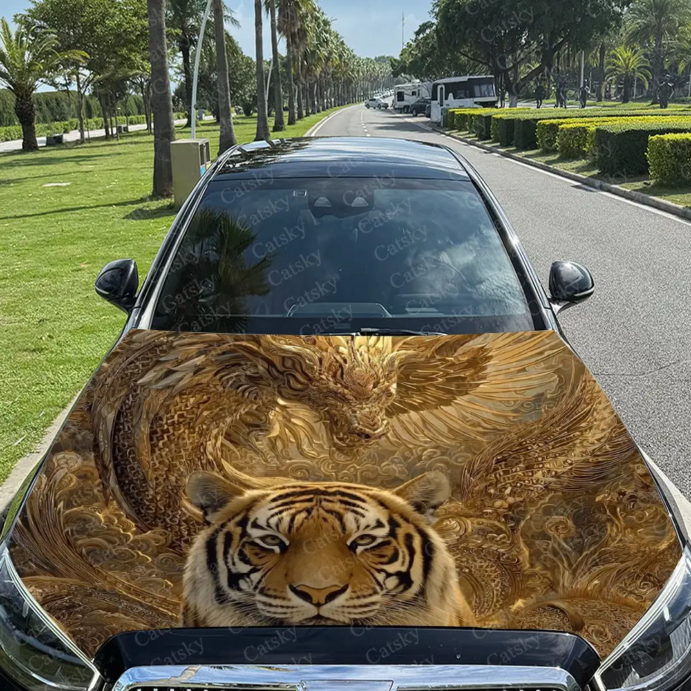 

Golden Dragon And Tiger Car Hood Decal Sticker, Durable Car Vinyl Wraps Suitable For Most Vehicles, Car Engine Hood Protective F