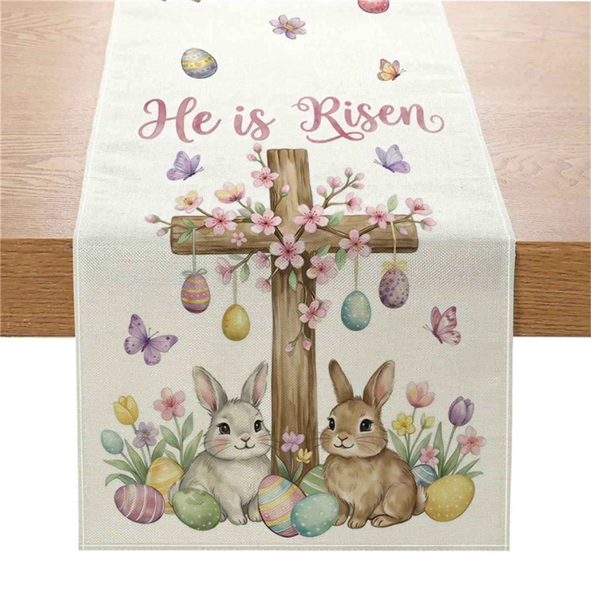 Oster-Tischläufer „Er ist auferstanden“, religiöse Tischdekoration mit Hasen- und Ei-Motiven für den Frühling, christliche Feiertage, Esszimmer- und Party-Tischset