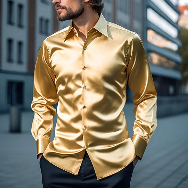 

Men's Solid Color Satin Shirt Fashion Trend Glossy Long Sleeve Tuxedo Shirt Nightclub Party Wedding Dancing Luxury Dress Shirts