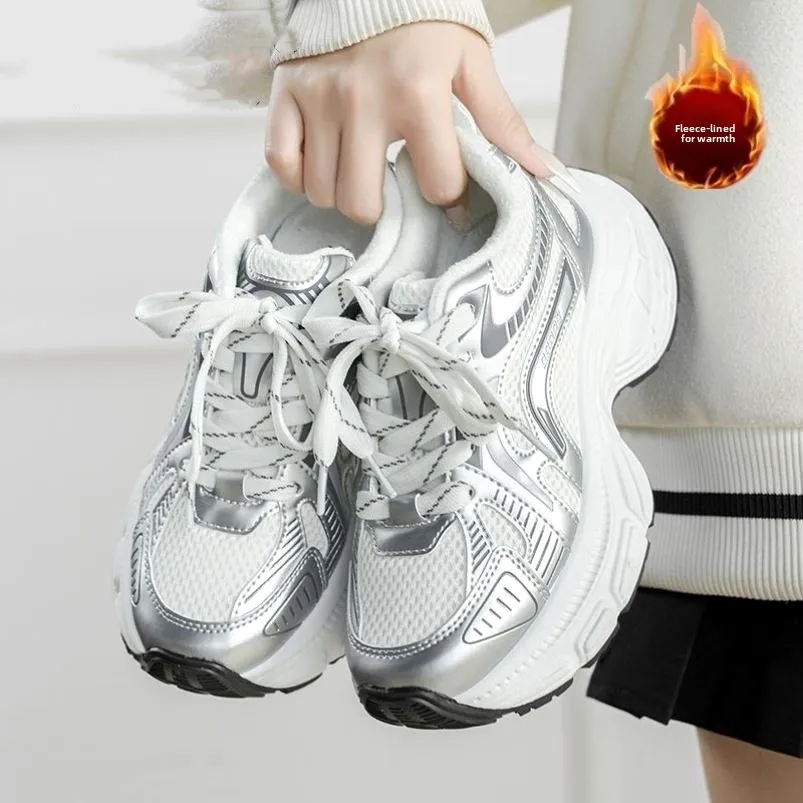 

Thick Sole Fleece Lined Dad Shoes Winter Women's Sports Shoes 2025 New Style Outdoor Running Shoes Low Cut Flat Head Design