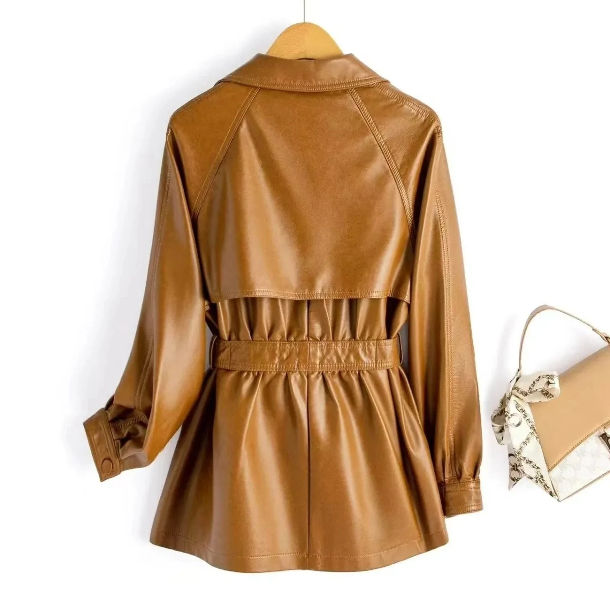 New lace-up waist  leather jacket 2025 spring and autumn medium and long jacket Korean  loose leather trench coat