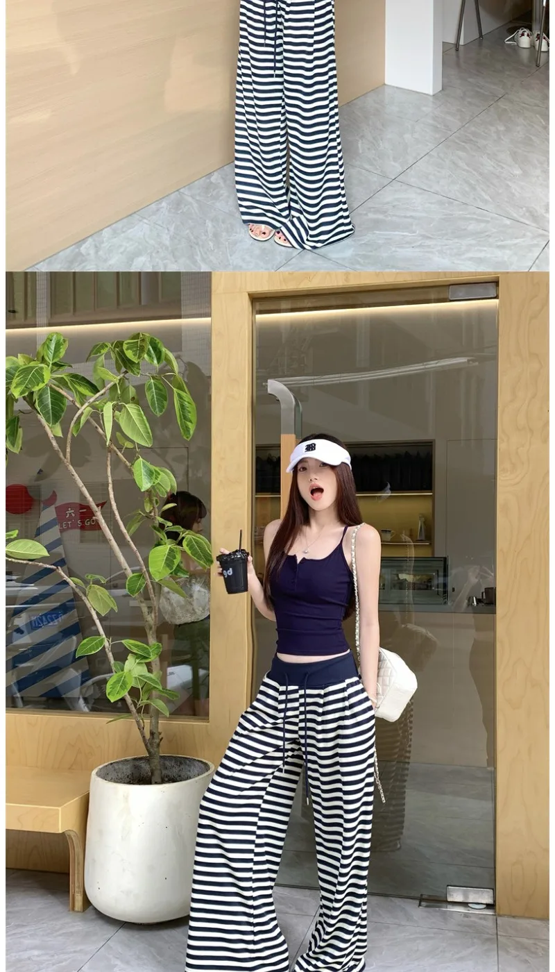 Schwarz-weiße, gestreifte Freizeit-Hosen für Damen, hochtaillierte Hosen mit Kordelzug und geradem Bein, lockere, fließende Hosen mit weitem Bein. – Detail 3