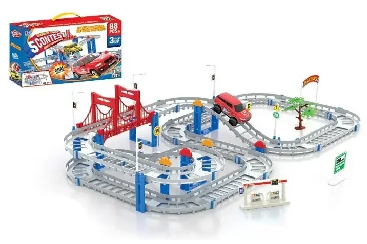 Jouet de voiture de course pour enfants, roues en spirale à deux couches, rouleau de piste, modèle de voiture de rail électrique, dos Slot Suvs, bricolage, drôle, 88 pièces