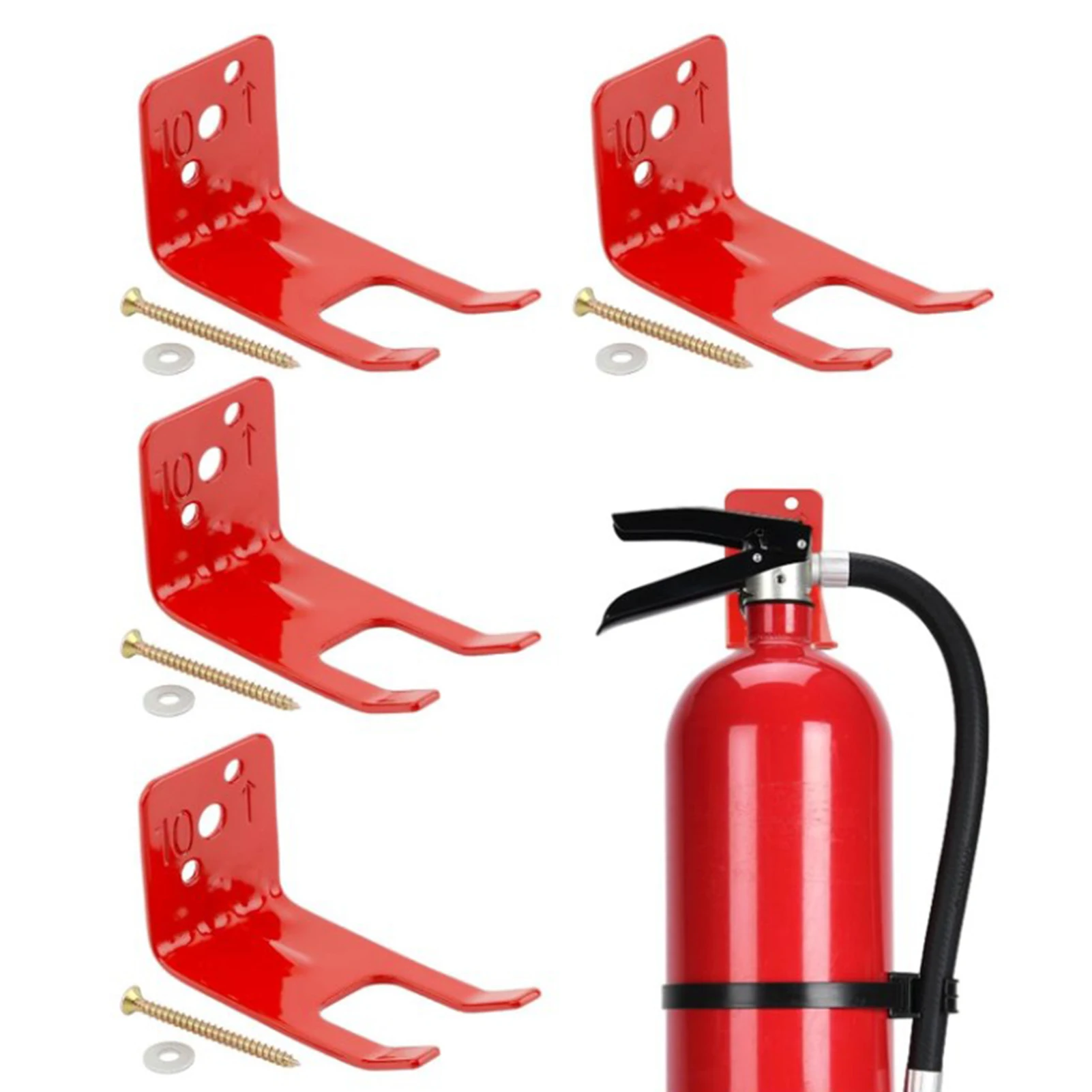 Juego de 4 soportes universales para extintor de incendios, ranura para horquilla de montaje en pared resistente, color rojo, soportes de 2,5 CM para productos químicos secos grandes y pequeños
