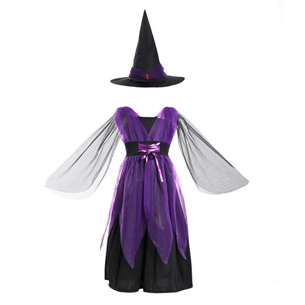 

Kawaii Childern Halloween Costumes Pointy Hat Wizard Kids Witch Dress Set Bright Color Costume Cosplay Props