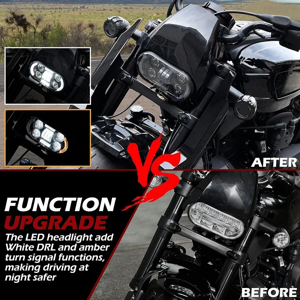 Motorcycle LED Amber Angle Eyes Headlight Turn Signal Daytime Running DRL Hi/Lo Beam For Harley Sportster S RH1250S 21-26