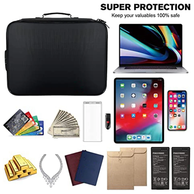 Fireproof Document Bag com Lock,Zipper Code Lock, Adequado para Passaportes, Dinheiro, Valuables