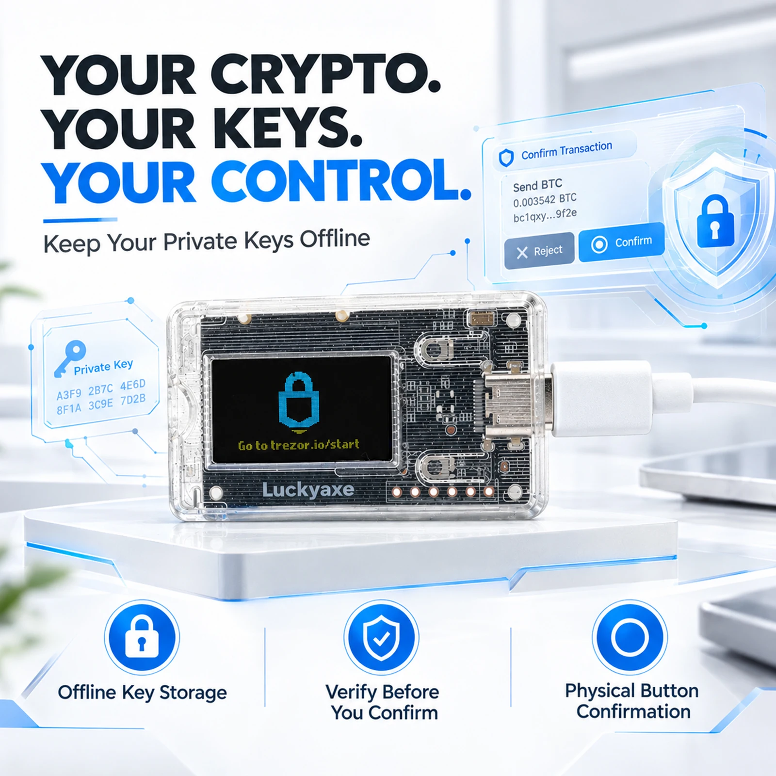 Luckyaxe HW01 Crypto Hardware Wallet, Offline Private Key Storage, USB Wallet for BTC ETH EVM, PIN & Seed Backup