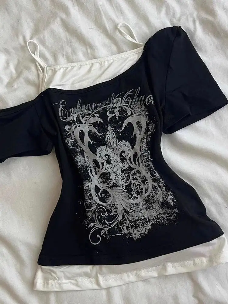 Y2k Fake 2 Pieces Off Shoulder T-Shirt Women Patchwork Streetwear Hip Hop Goth Harajuku Grunge Tops Vintage Print Tee Aesthetic image 3