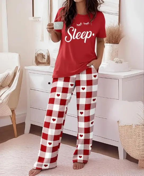 

Valentine's Day 2-Piece Set of Letter Printed Short Sleeved Top and Heart-Shaped Color Blocked Checkered Printed Elastic Pants