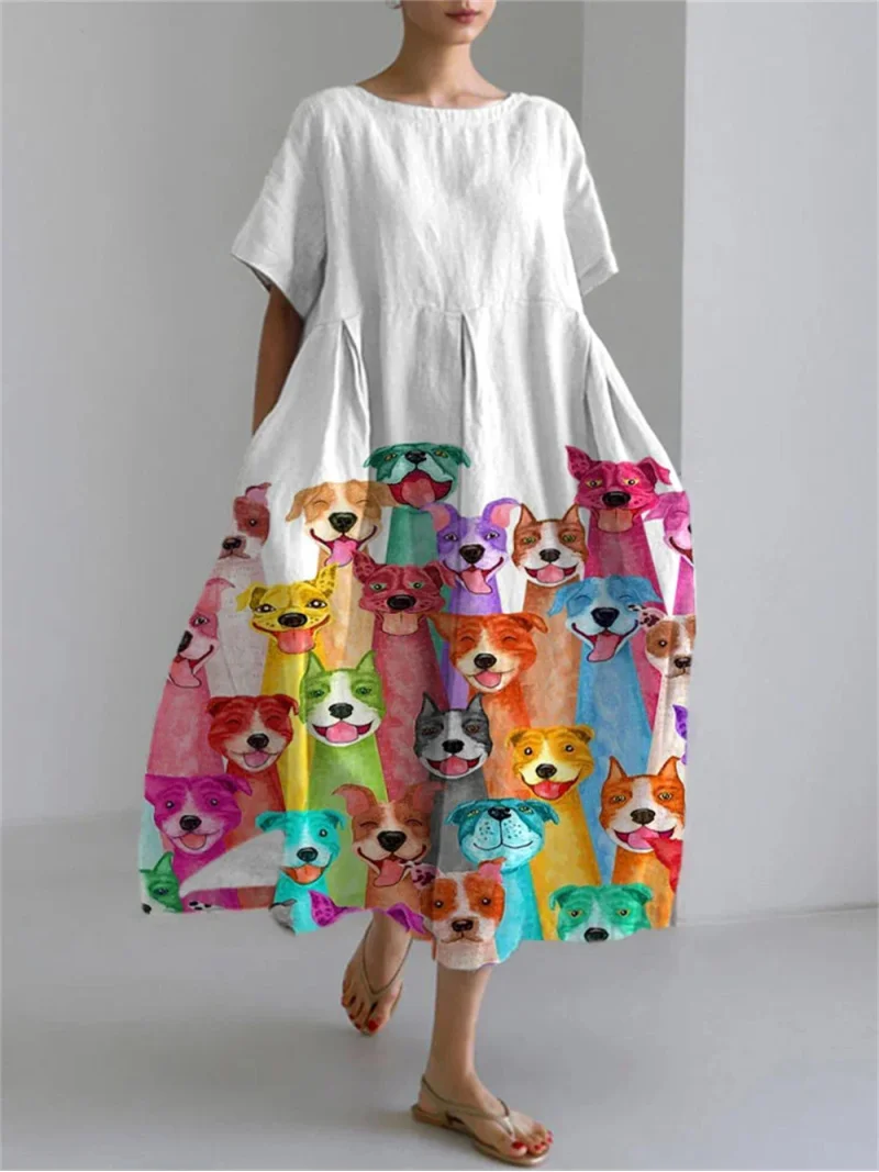 Vintage casual short-sleeved dresses, new Crappy cat and dog print dresses, women's big size stylish loose collar pocket dresses