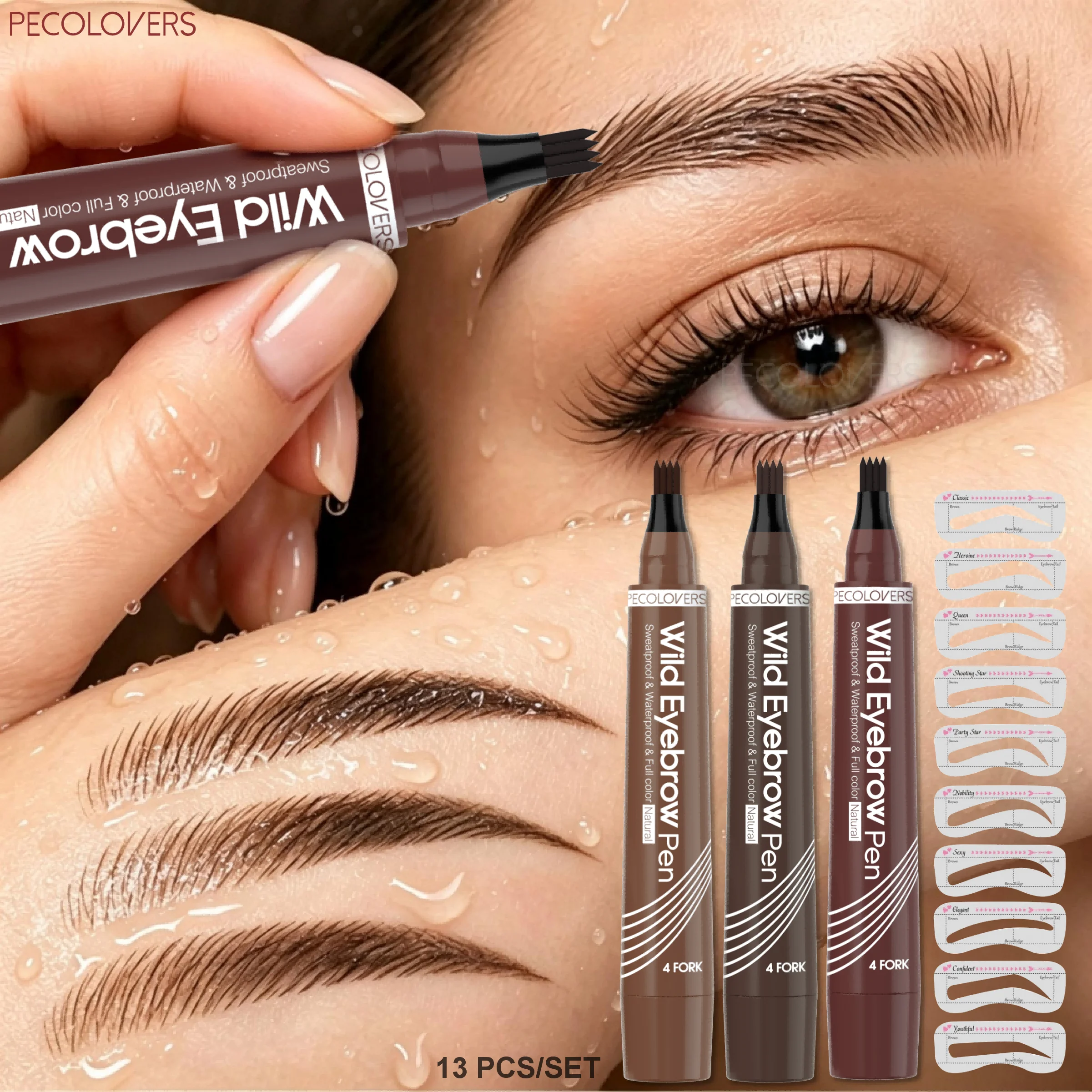 All-In-One Brow Makeup Set, 3 Colors 4-Tip Microblading Eyebrow Pen + 10 Styles Reusable Eyebrow Shaping Stencils, for Beginner