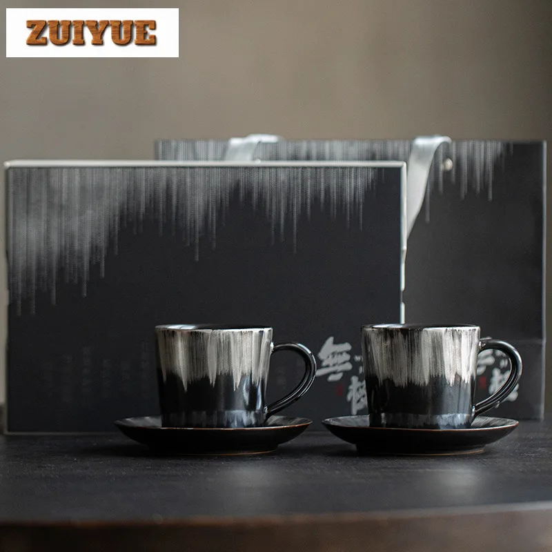

2pc/set 280ml High End Gilded Silver Ceramic Coffee Cup Set Exquisite Mirror Black Glaze Couple Handgrip Cup Office Mug Gift Box