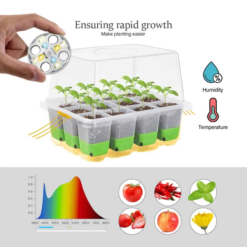 12 Cells LED Grow Light Seedling Starter Tray Kits with Transparent Cover Flower Plant Pot Indoor Garden Nursery Germination Box