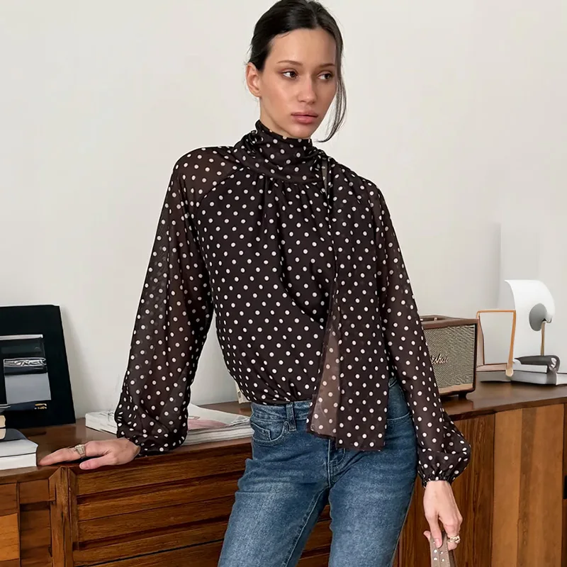 

Ticketsx Elegant Women’s Polka Dot Shirts Fashion Contrast Lace Up Patchwork Blouses Vintage Casual Female Party Commute Shirts