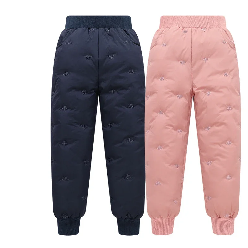 Children Pink White Duck Down Trousers Casual Bee Embroidery Pants Fashion Teenage Boys Black Warm Pant Winter Clothes for Girls