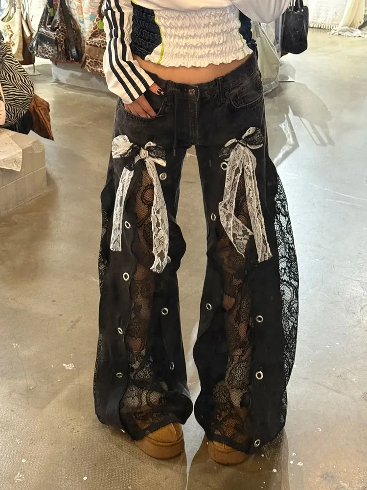 

Gothic Lace Patchwork Jeans Women High Waist Streetwear Bow Decoration Wide Leg Pants Y2K Retro Casual Punk Straight Trousers