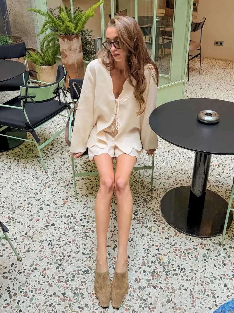 Women 2026 Spring Summer New Hot Cotton Tie Cardigan Shorts Two Piece Set Casual Loose Lazy Elegant Daily Fashion Trendy Chic